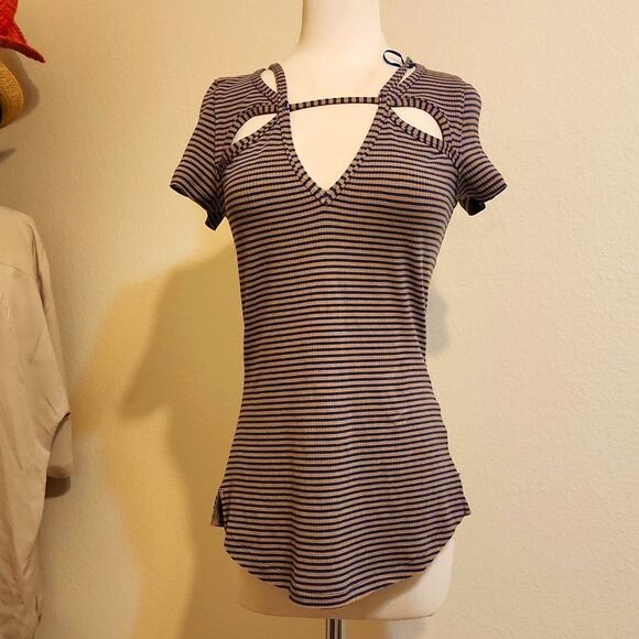 Free People Frenchie Striped Cutout Ribbed Shirt small - Picture 1 of 7
